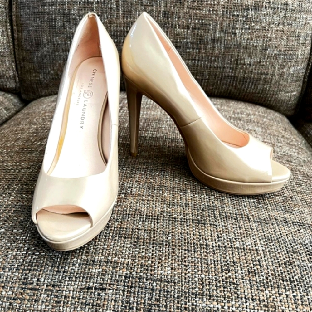 Chinese Laundry Nude Patent Peep-Toe Heels - Glossy Neutral Pumps - Picture 6 of 12